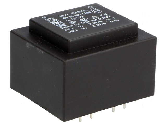 Transformator: ingegoten; 4,5VA; 230VAC; 9V; 9V; 250mA; 250mA; PCB Transformator: ingegoten; 4,5VA; 230VAC; 9V; 9V; 250mA; 250mA; PCB